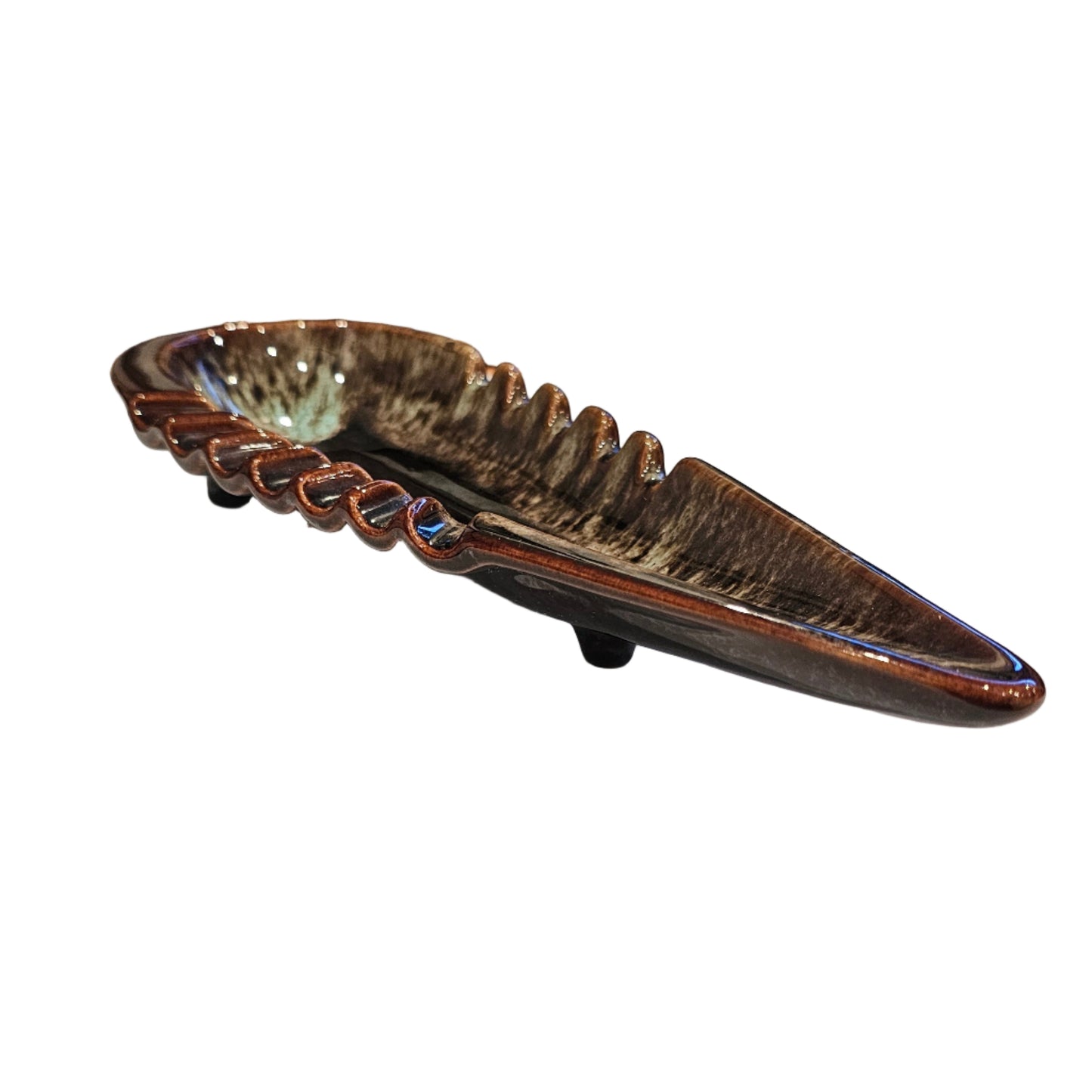 1960s Drip-Glaze Art Pottery Leaf Dish