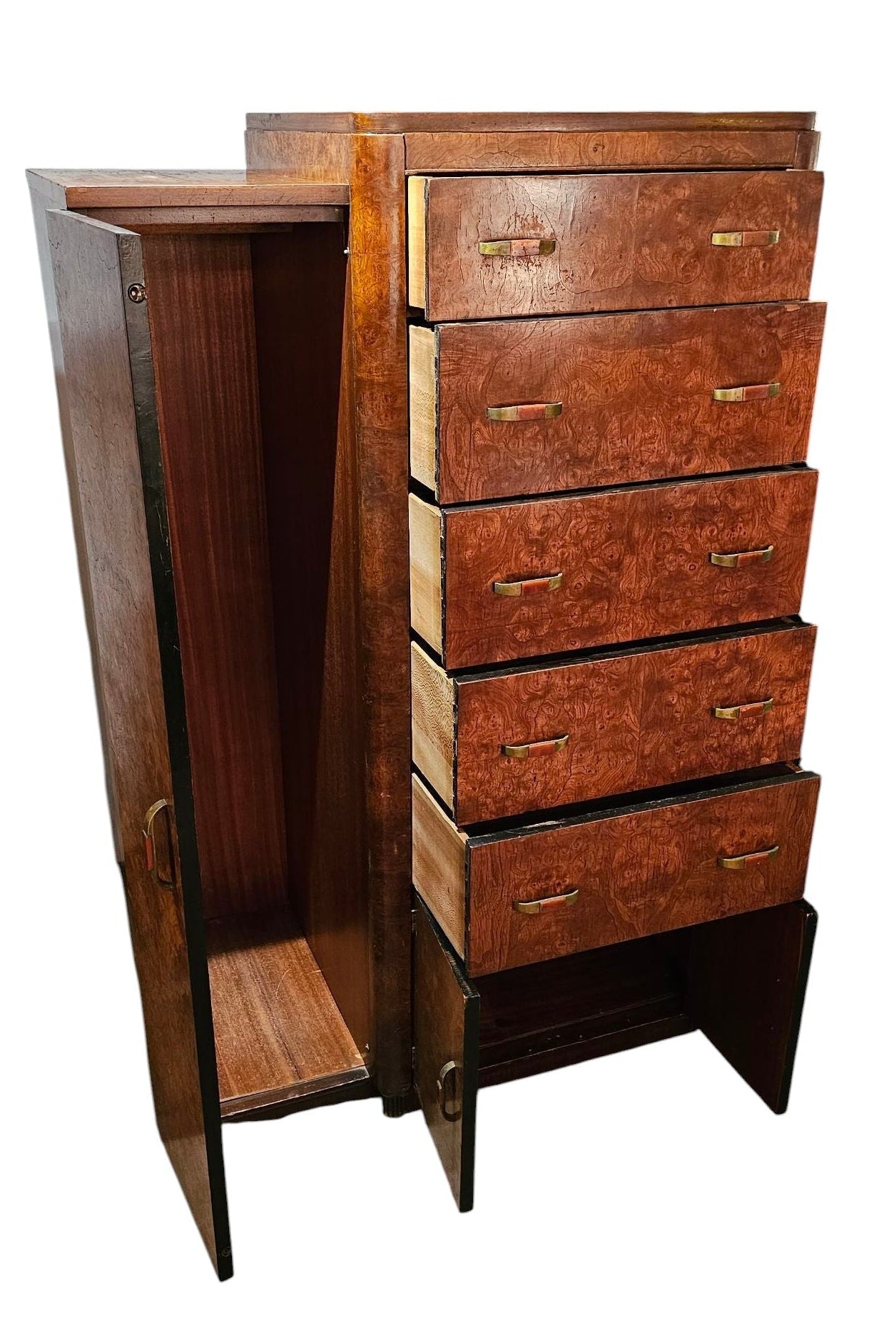 Burl Wood Wardrobe Chest with Brass Handles