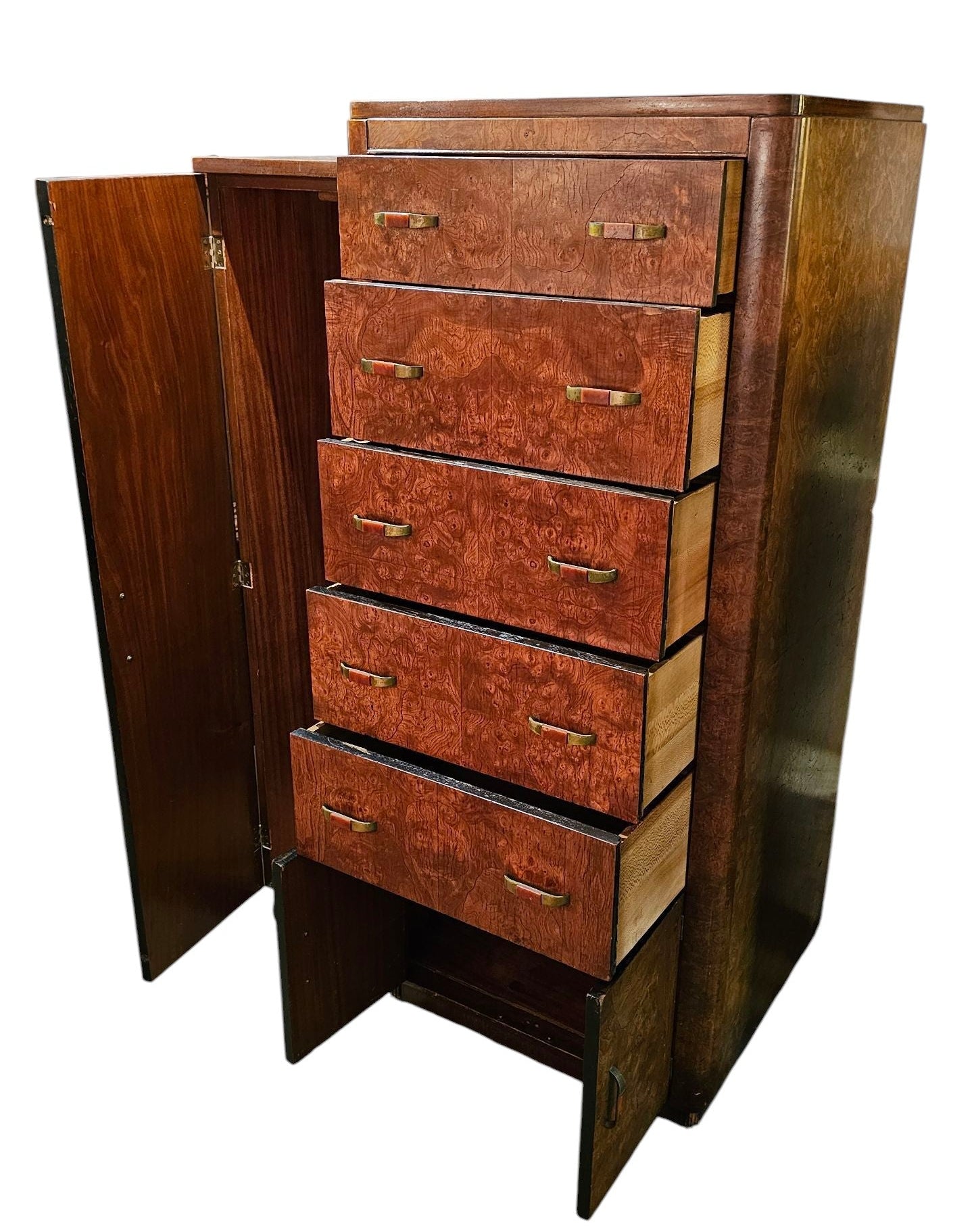 Burl Wood Wardrobe Chest with Brass Handles