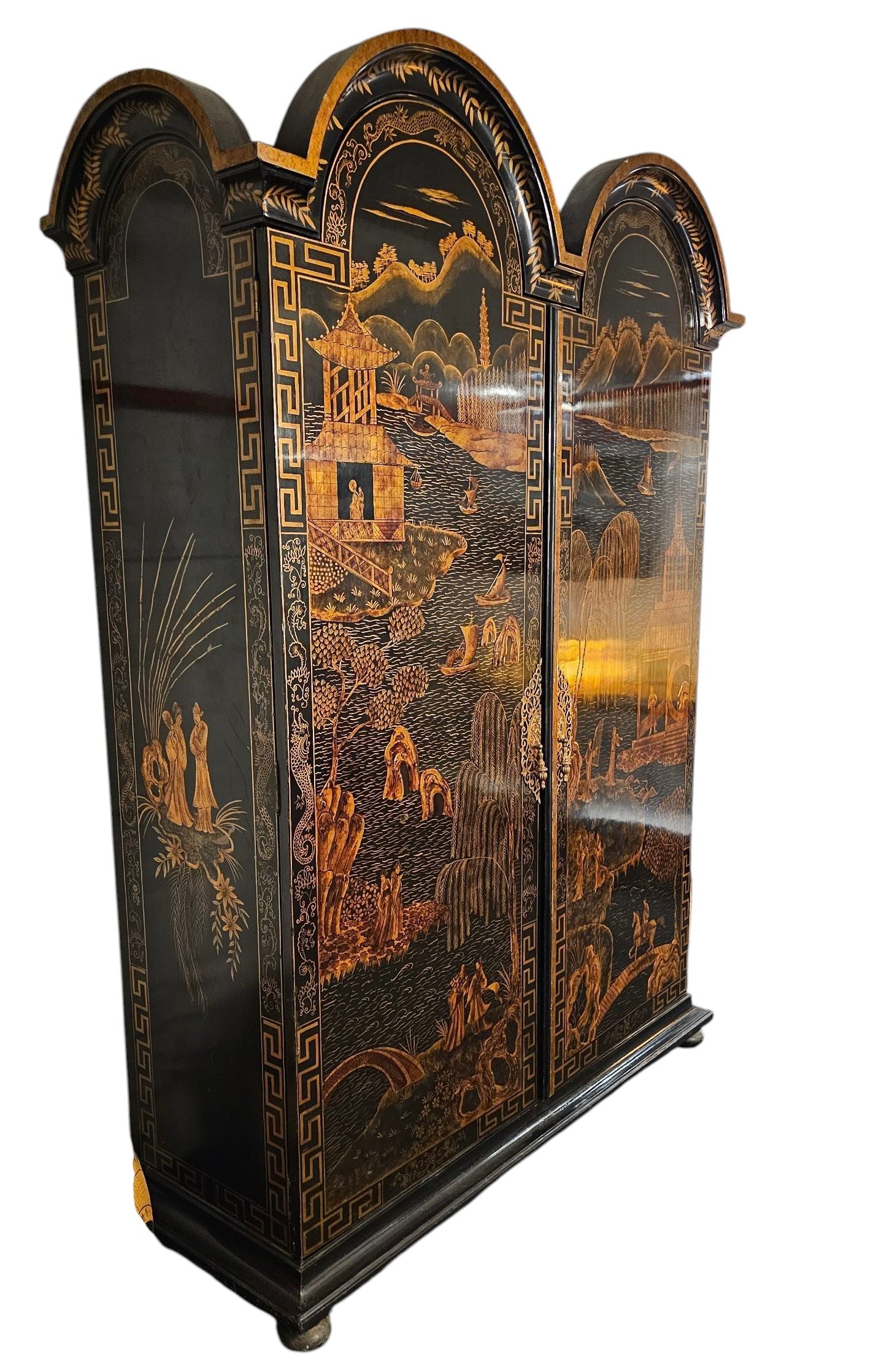 Chinoiserie Armoire Hand-Painted Gold Asian Landscape