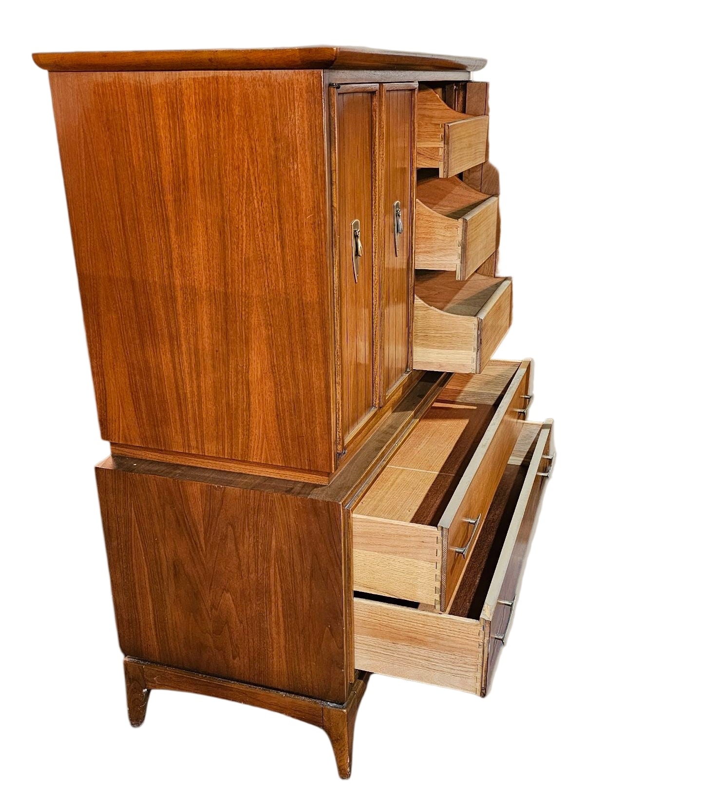 Sculpted Wood & Brass Modern Walnut Armoire
