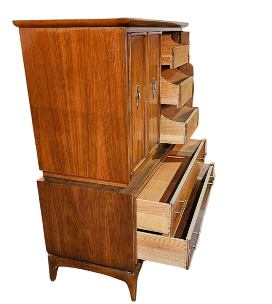 Sculpted Wood & Brass Modern Walnut Armoire