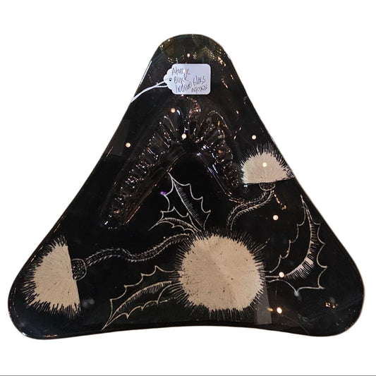 Vintage atomic triangular black glass ashtray with white and beige design – midcentury modern décor collectible