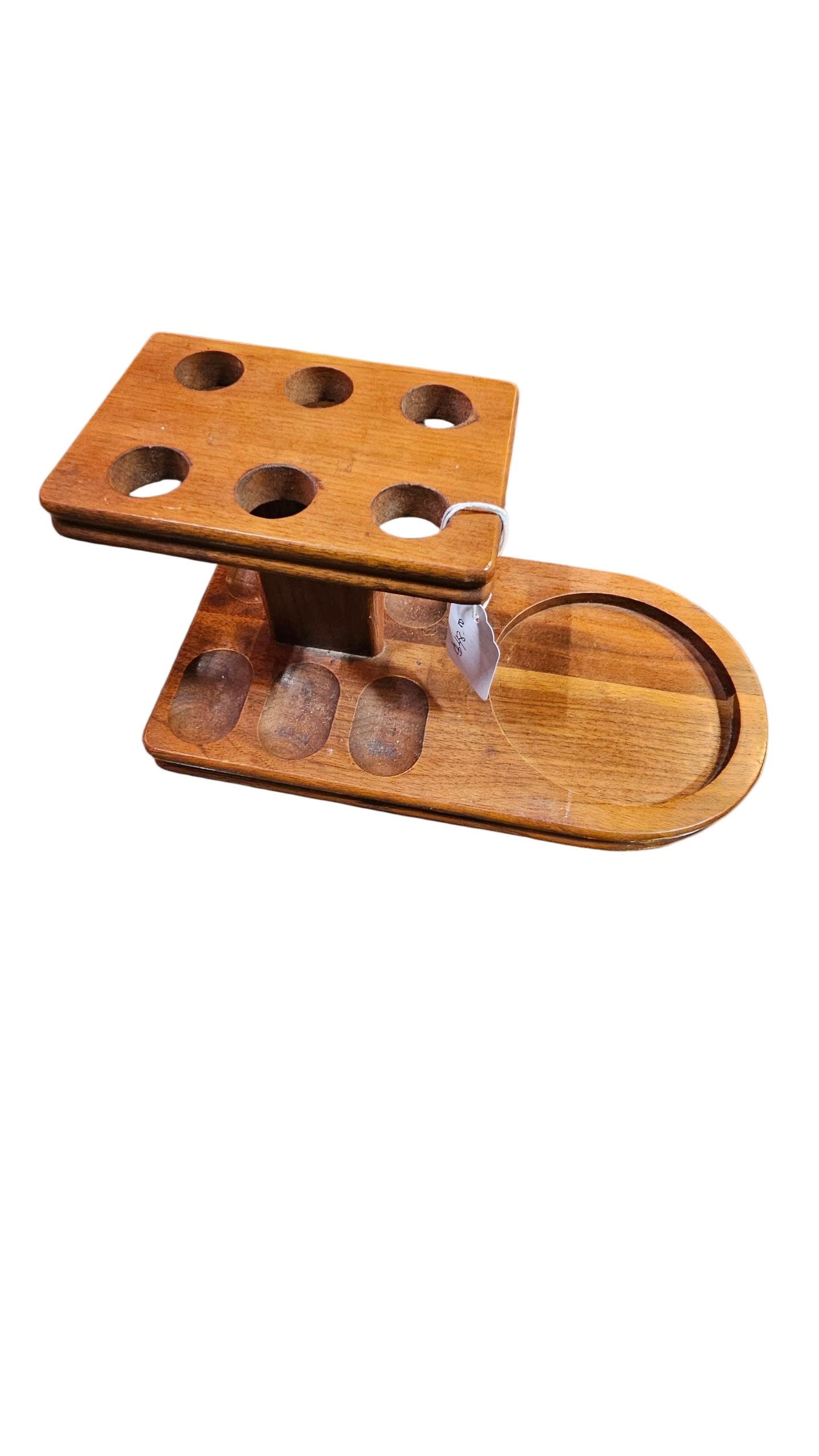 Walnut Pipe Holder – 6-Pipe Stand with Built-In Ashtray Spot, Midcentury Smoking Collectible