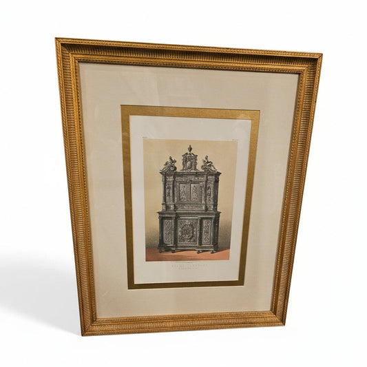 Architectural Cabinet Illustration – Framed Engraving in Gold Frame (19th Century Style Print)