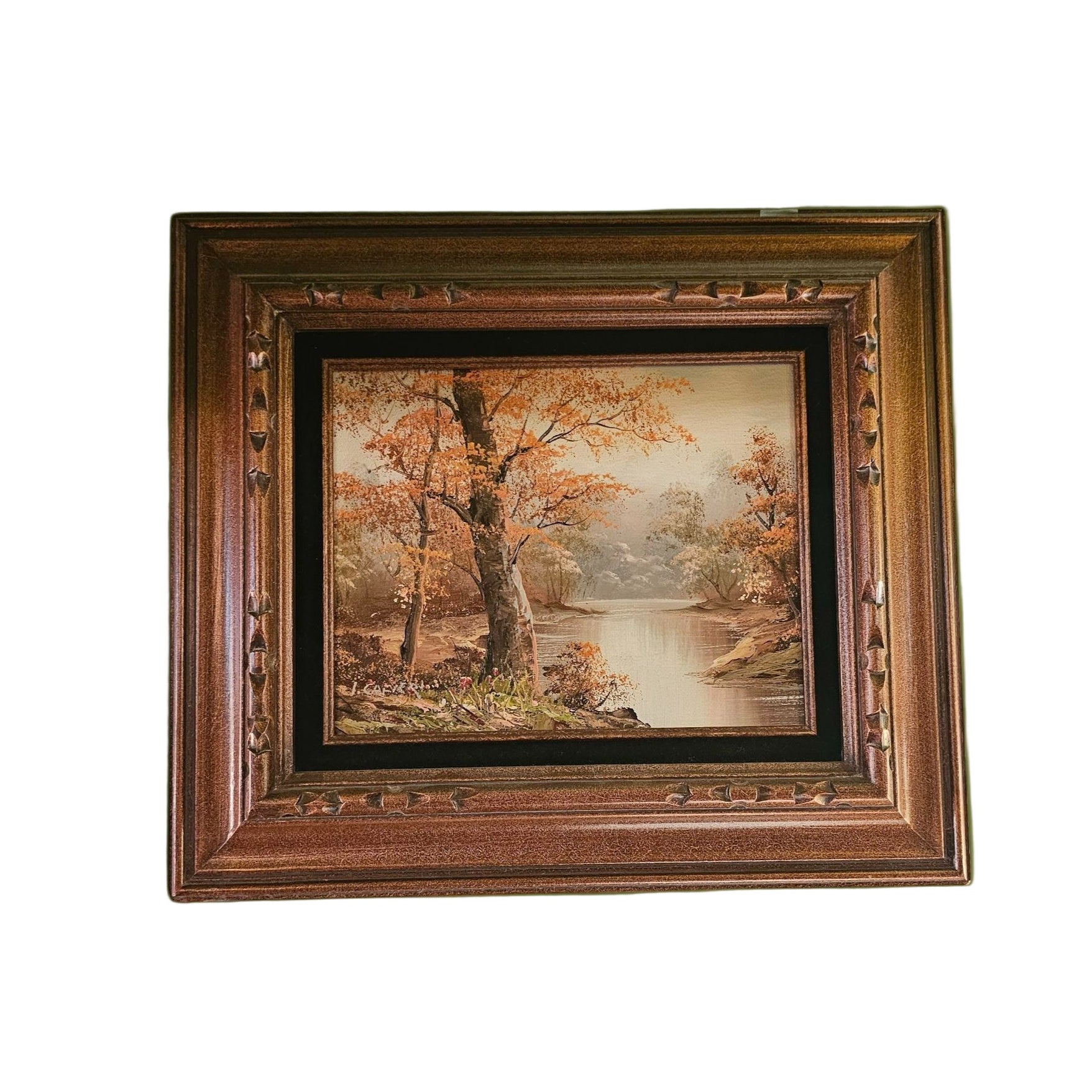 I. Cafieri Oil Painting – Autumn River Landscape in Ornate Wooden