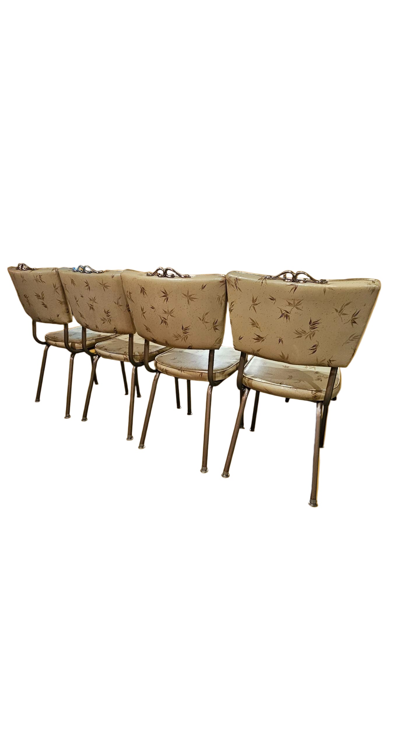 Set of six vintage chairs with floral patterns on a mustard yellow background