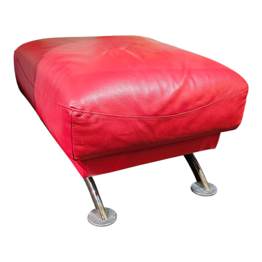 Red Leather Ottoman with Chrome Disc Feet