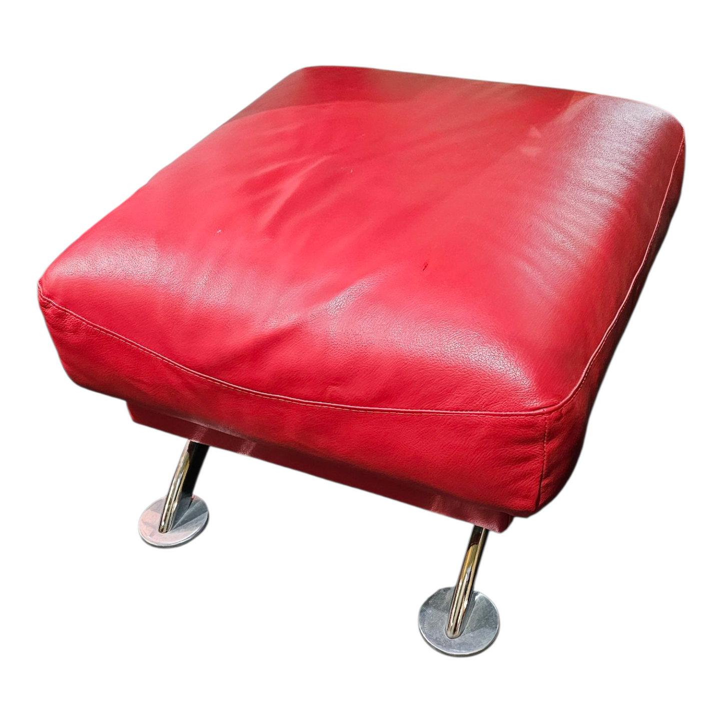 Red Leather Ottoman with Chrome Disc Feet