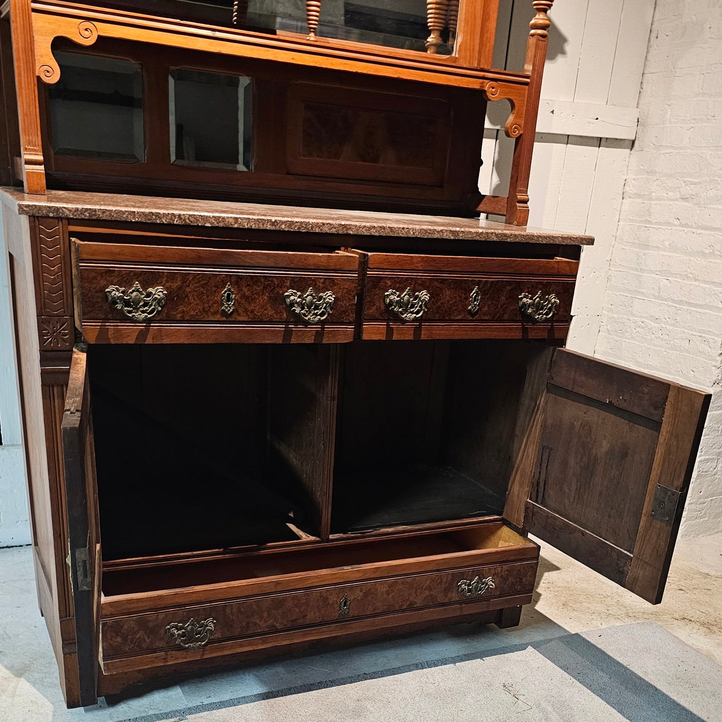 Carved Wood Sideboard with Hutch and Stone Top