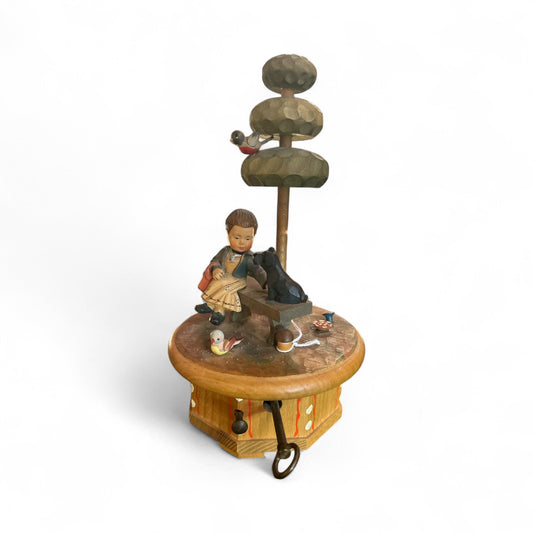 Hand-Carved Wooden Music Box, Girl, Dog & Bird Scene