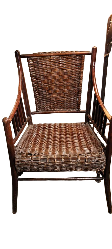 Wicker Antique Wicker Armchair – Early 20th Century Handwoven Accent Chair with Curved Frame
