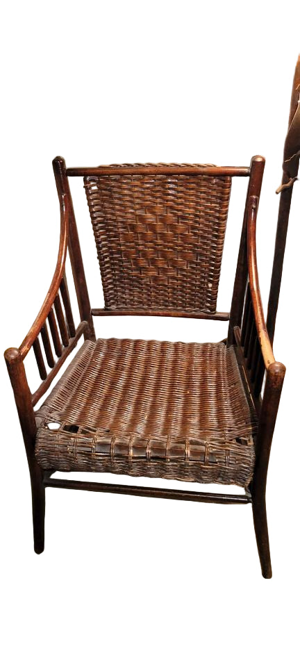 Wicker Antique Wicker Armchair – Early 20th Century Handwoven Accent Chair with Curved Frame