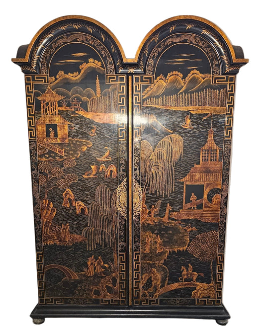 Hand-Painted Gold Asian Landscape Armoire
