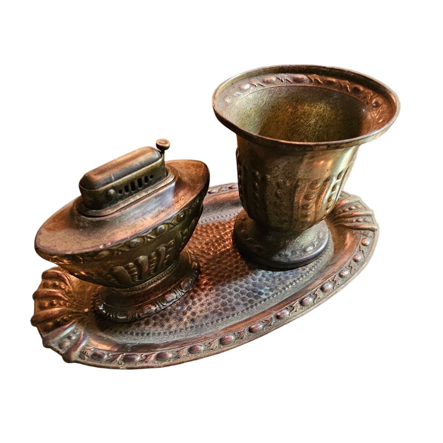 Brass Table Lighter and Ashtray Set on Ornate Tray – Mid-Century Smoking Collectible