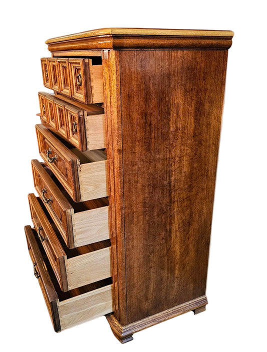 Mediterranean Walnut Dresser with Carved Front Panels & Brass Pulls