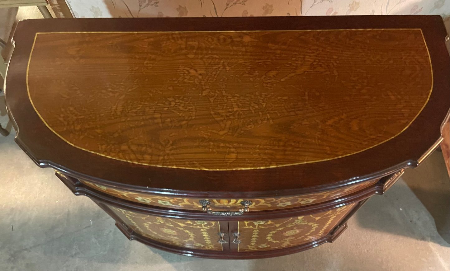 Table – Inlaid Wood Console with Ormolu Accents Neoclassical Demilune