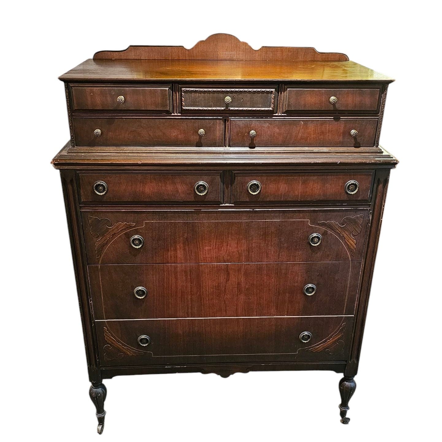 Mahogany Highboy Dresser with Ornate Detailing and Brass Hardware Mahogany Highboy Dresser with Ornate Detailing and Brass Hardware