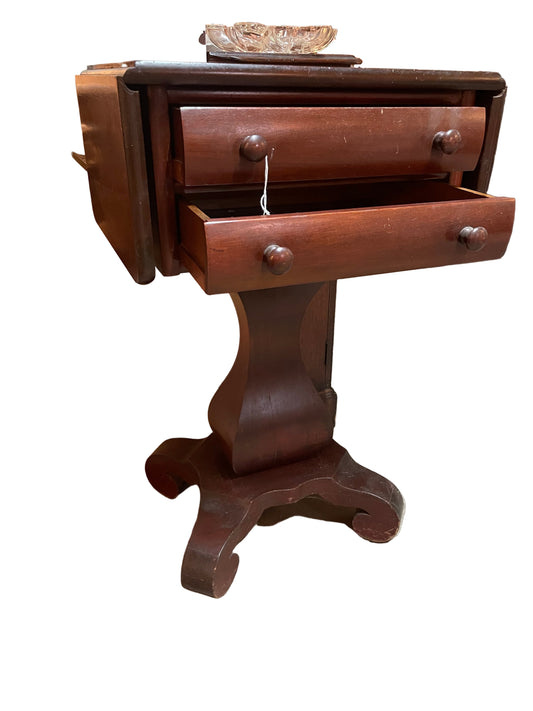 Drop-Leaf Pedestal Table – Wooden Side Table with Two Drawers