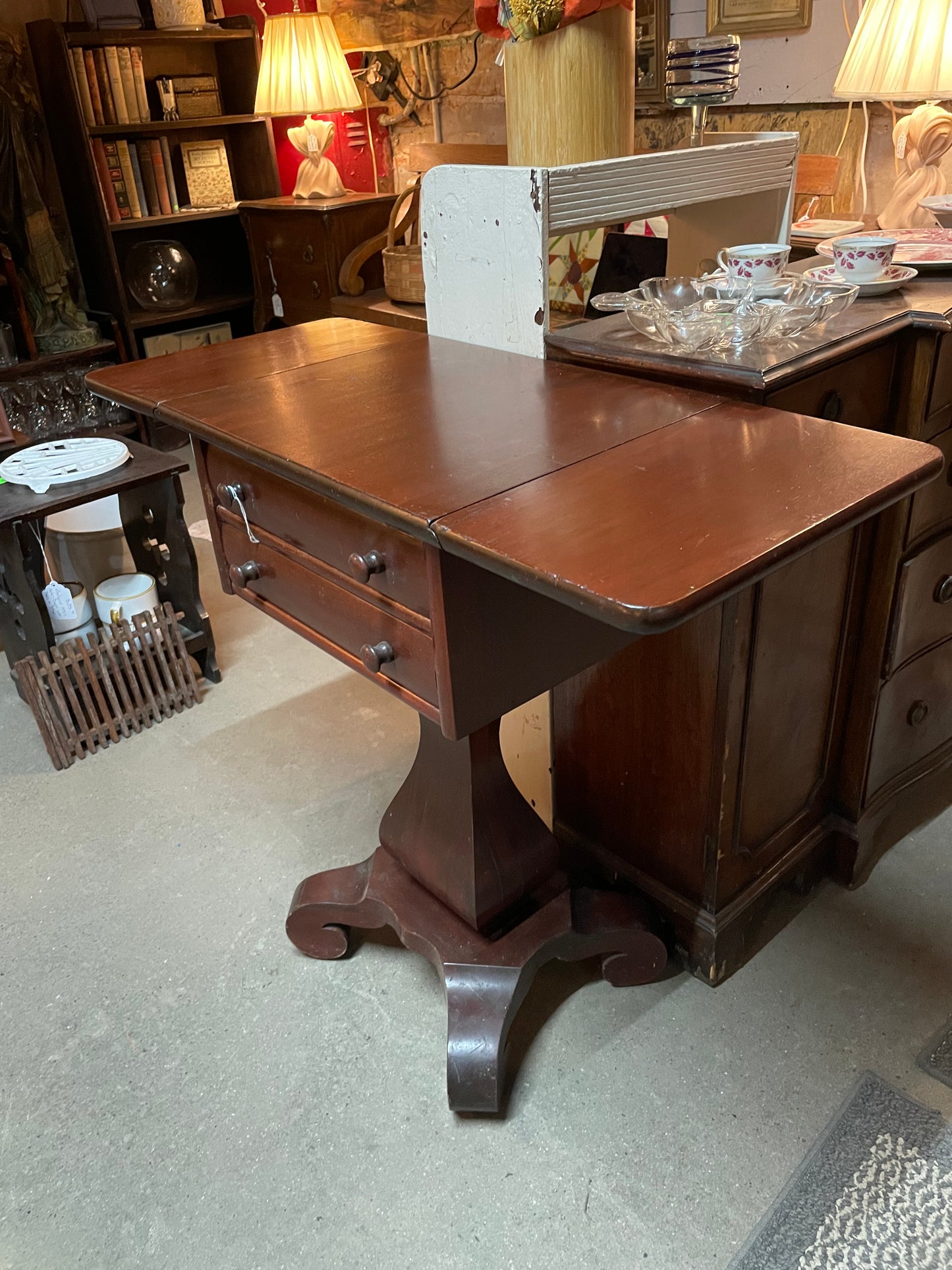 Drop-Leaf Pedestal Table – Wooden Side Table with Two Drawers