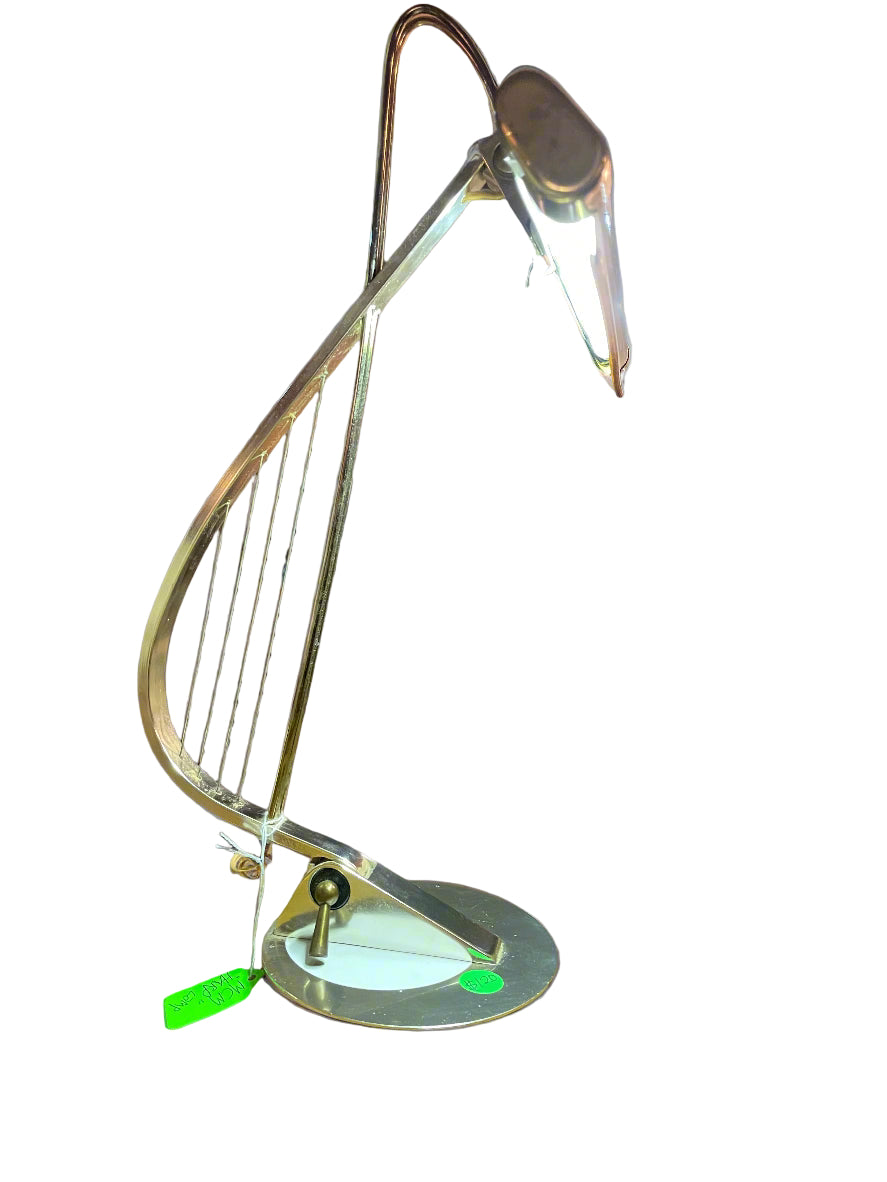 Harp-Shaped Desk Lamp – Brass and Wood Accent Lighting, 1950s Design