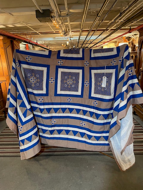 Handmade Hmong Quilt – Vintage Tribal Textile Bed Cover with Embroidered Geometric Design