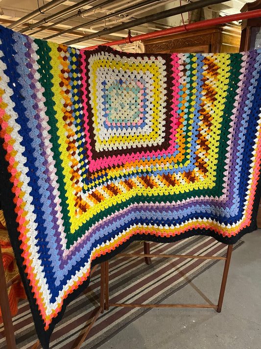 Colorful Throw Quilt – Vintage Handmade Rainbow Crocheted Blanket