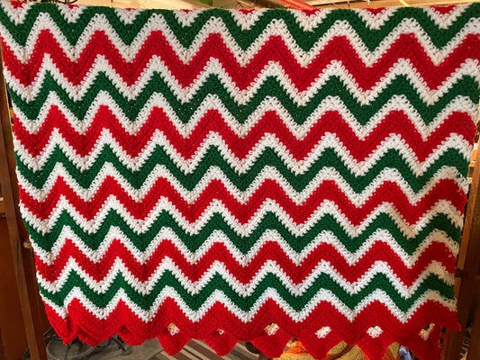Crochet Blanket – Handmade Afghan in Red, Green, and White Holiday Colors
