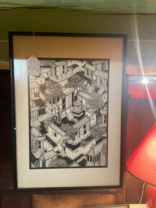 Japanese Street Scene Painting by Patricia Du Bois – 1956 Mid-Century Framed Art Print