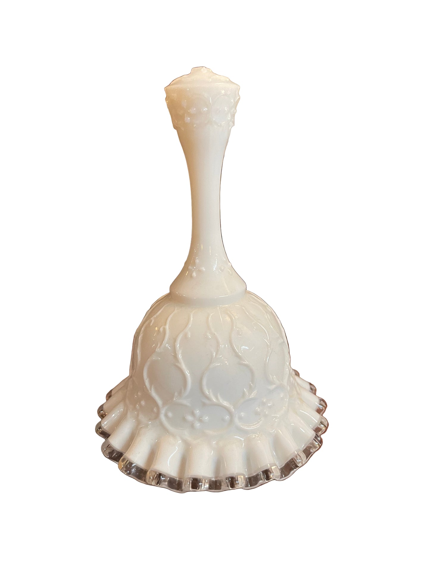 Fenton Glass Silver Crest Spanish Lace Bell – Vintage Milk Glass Bell with Ruffled Edge
