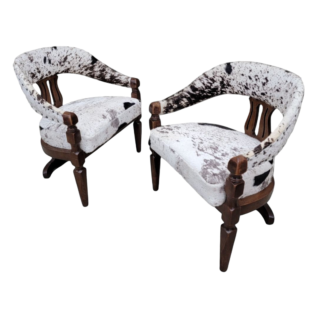 Carved Wood Curved-Back Dining Chairs – Set of 4 Three-Leg Cowhide Upholstered Chairs