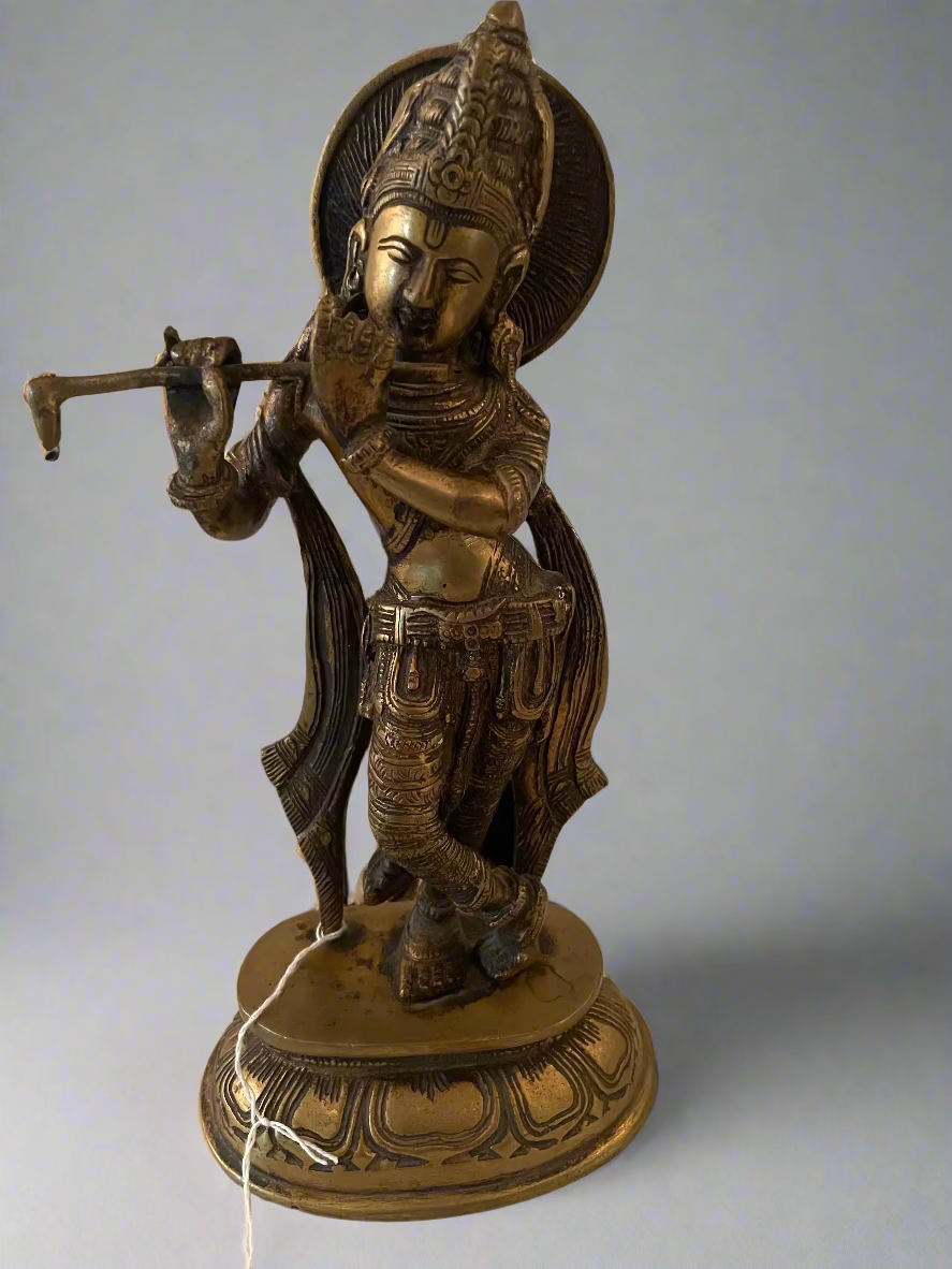 Vintage Krishna Brass Statue Playing Flute