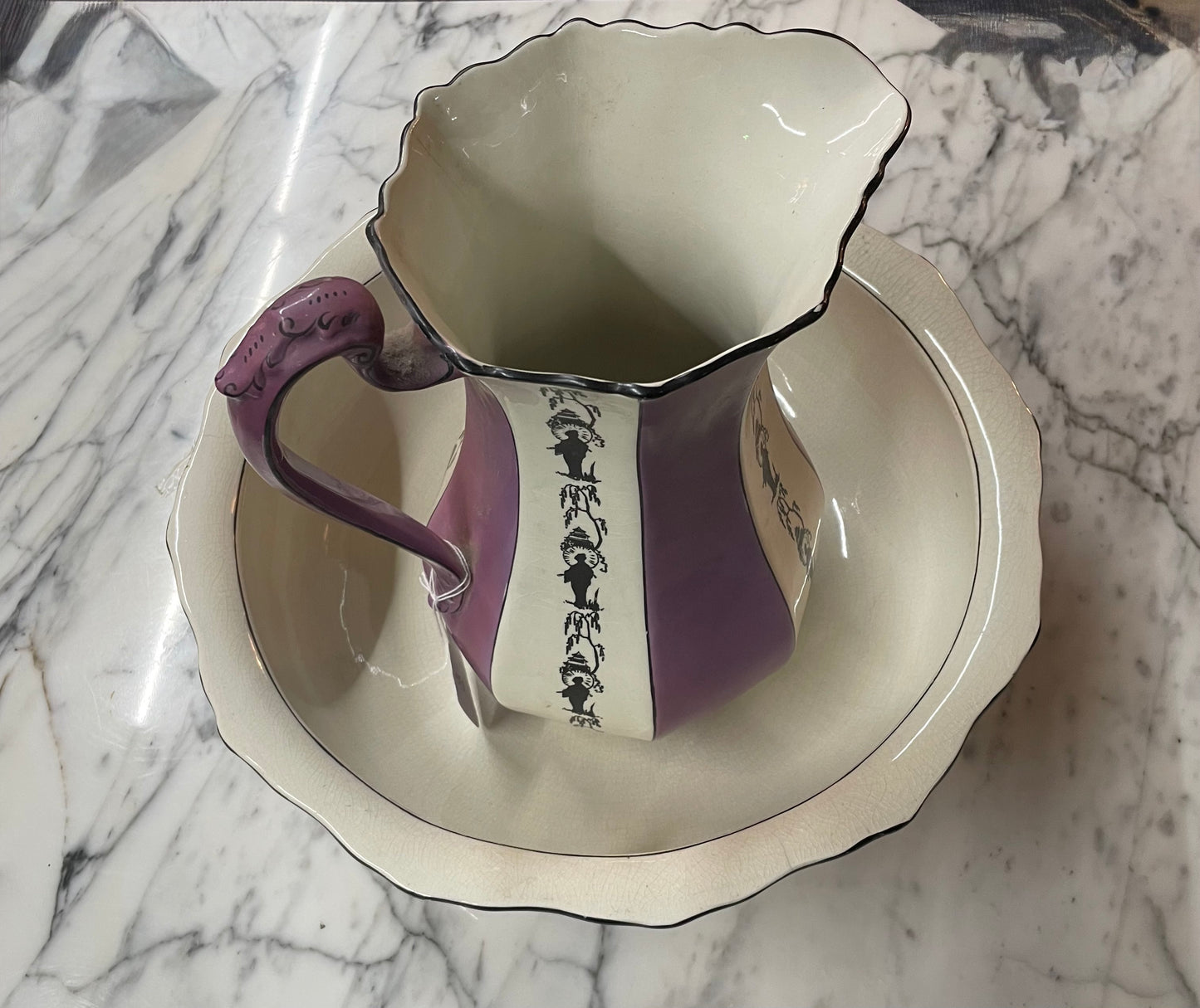 Purple and Black Silhouette Antique Wash Basin and Pitcher