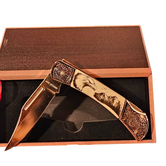 Bald Eagle Folding Knife with Wooden Display Case