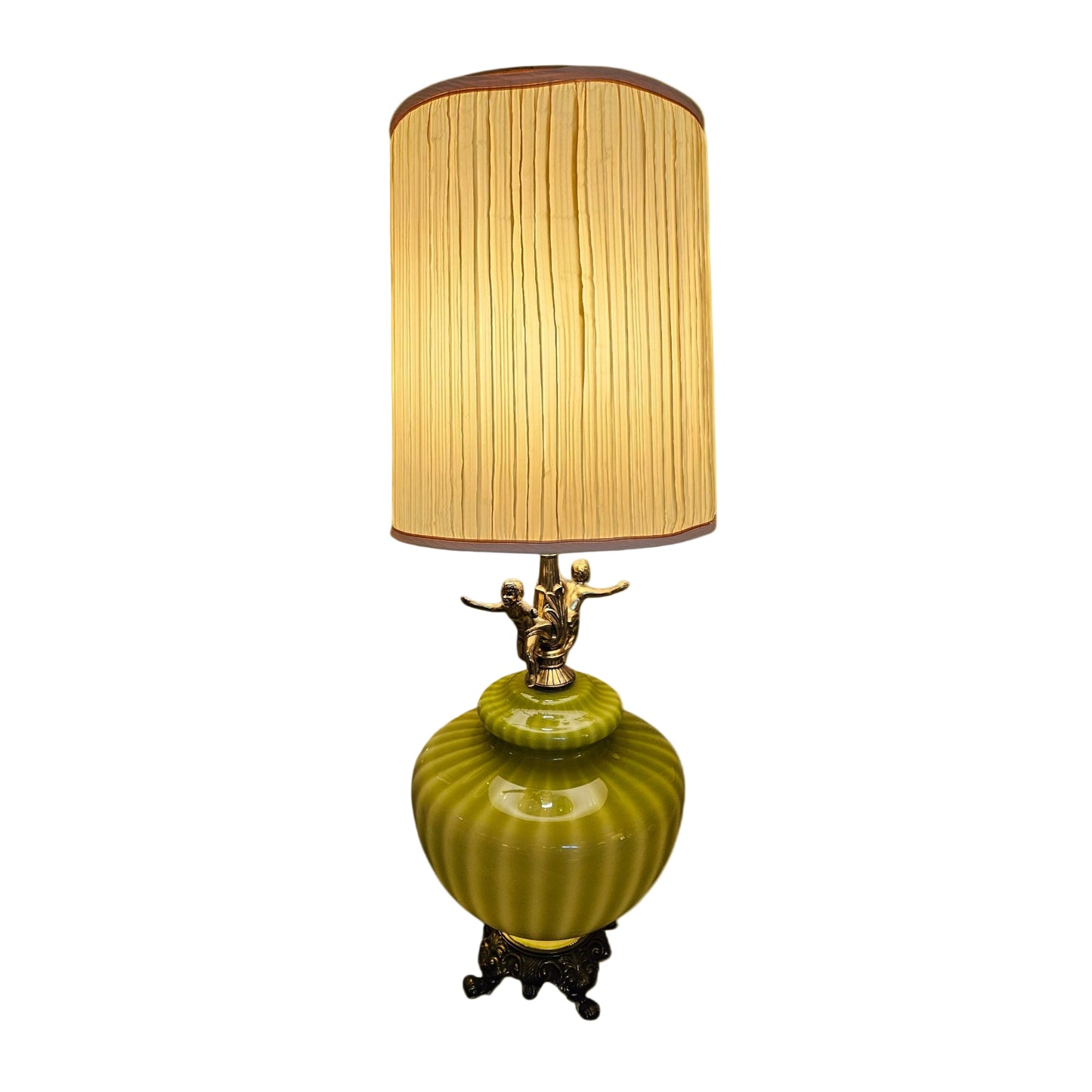 Green Glass Lamp with Cherub Detail, Pleated Shade