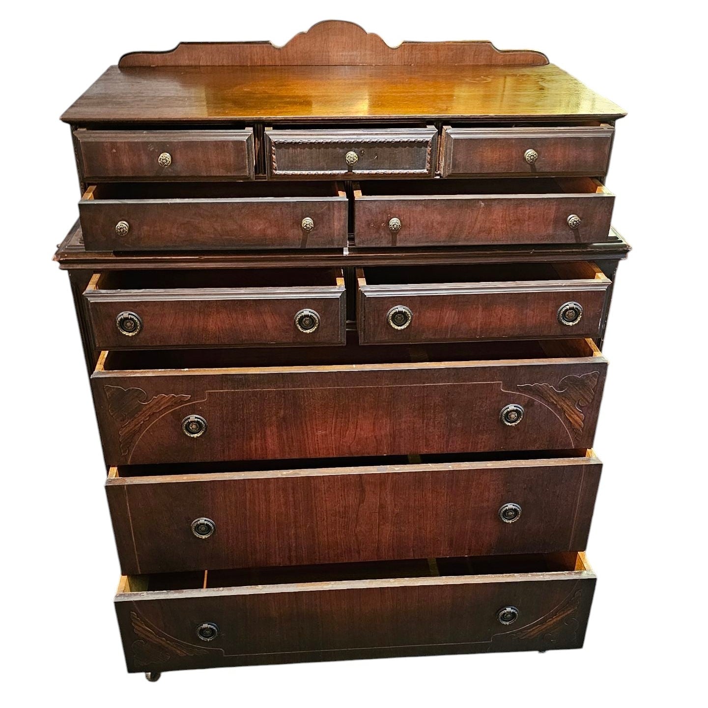 Mahogany Highboy Dresser with Ornate Detailing and Brass Hardware
