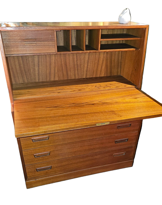 Modern Teak Secretary Desk – Drop-Front Writing Cabinet with Storage Drawers