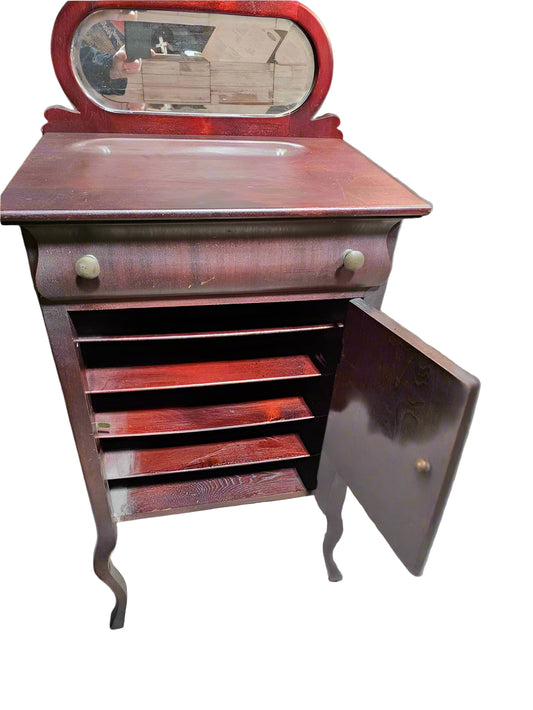 Vinyl Record Storage Cabinet with Mirror – Mid-Century Modern Media Stand