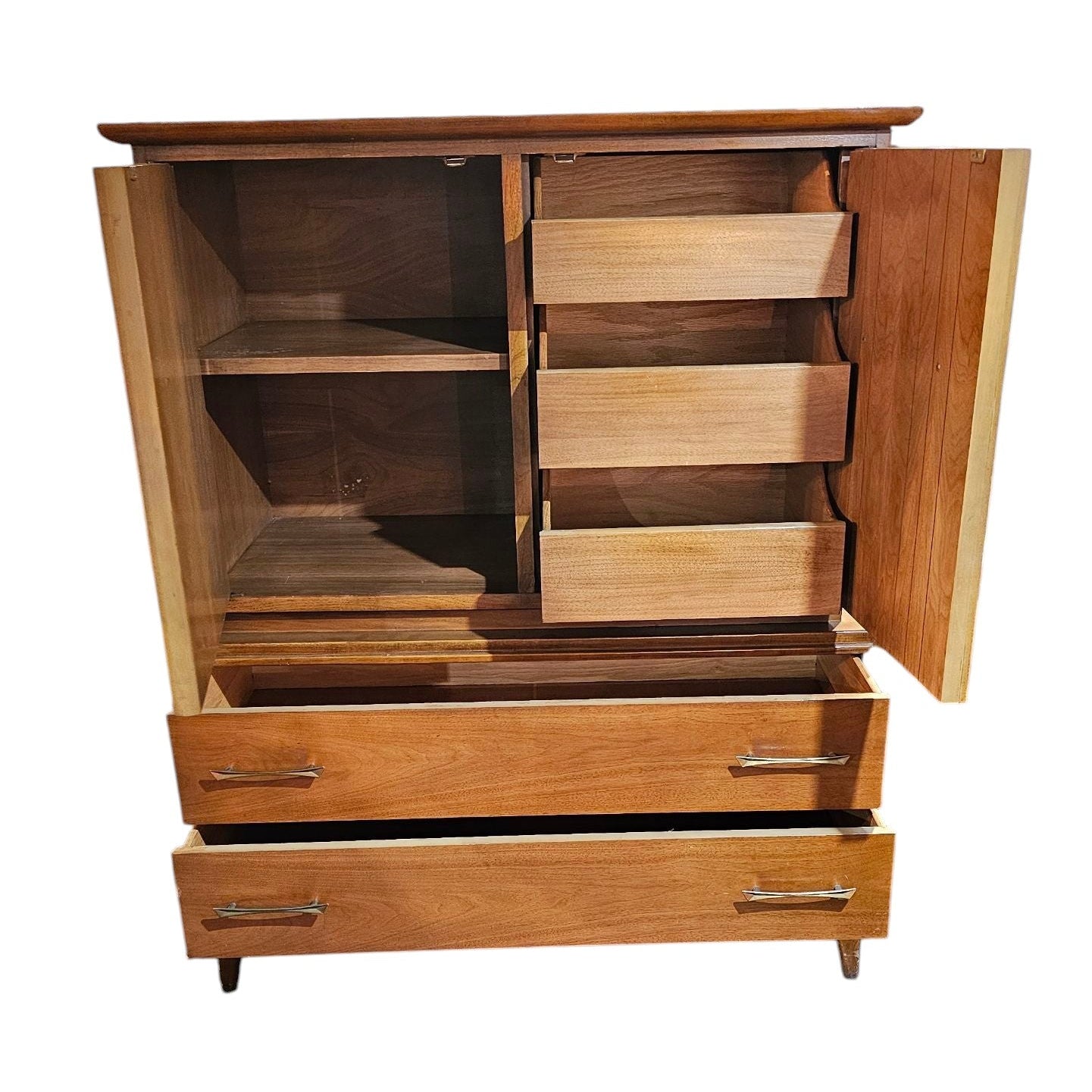 Sculpted Wood & Brass Modern Walnut Armoire