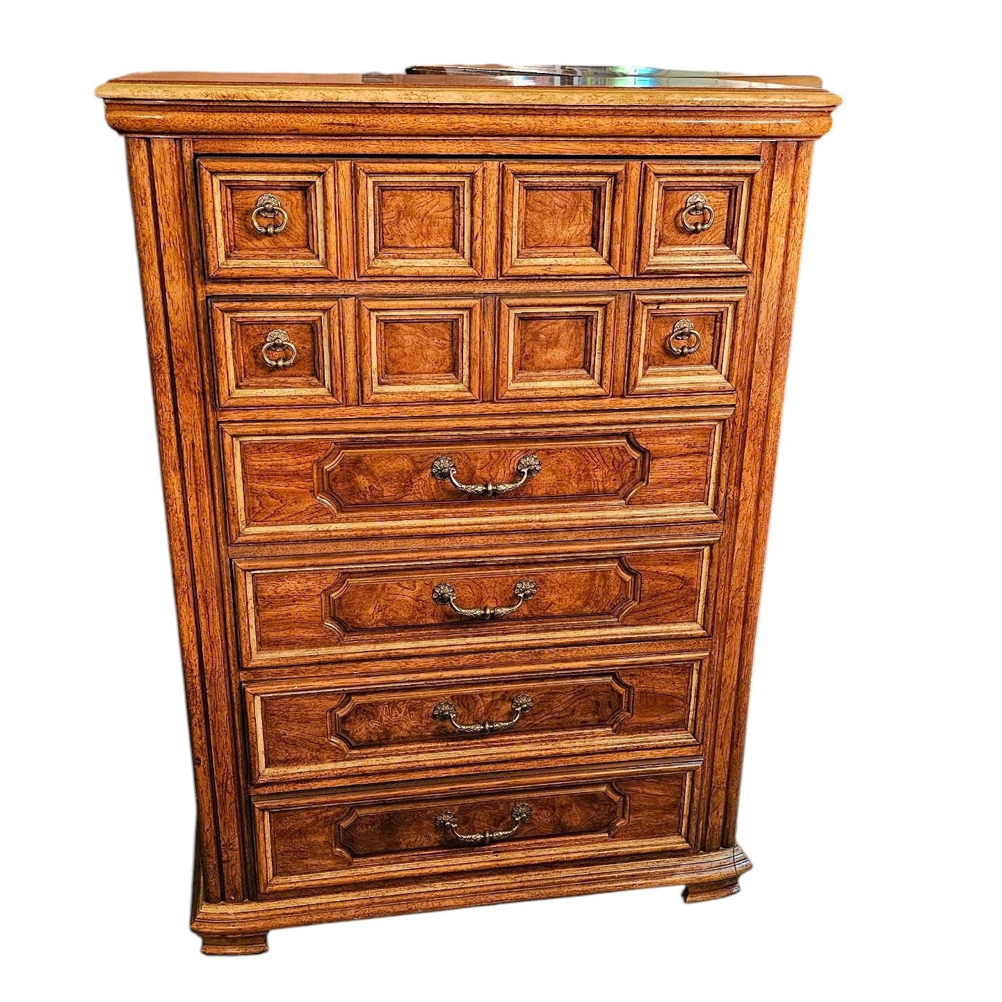 Mediterranean Walnut Dresser with Carved Front Panels & Brass Pulls