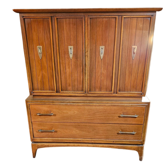 Sculpted Wood & Brass Modern Walnut Armoire