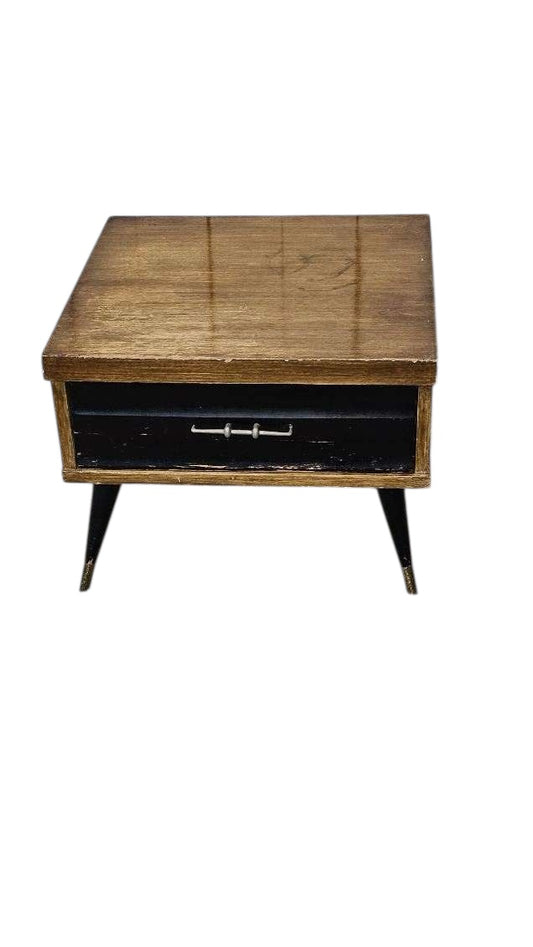 Nightstand with Black Accent Drawer – 1960s Mid-Century Wooden Side Table