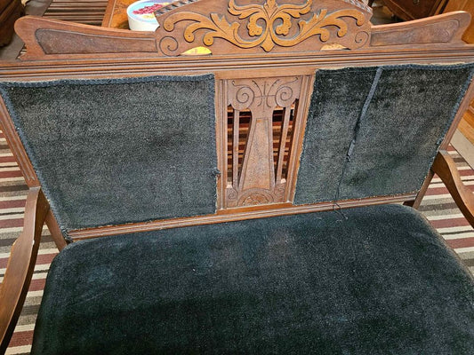 Wooden Settee – Victorian Upholstered Bench with Carved Detail