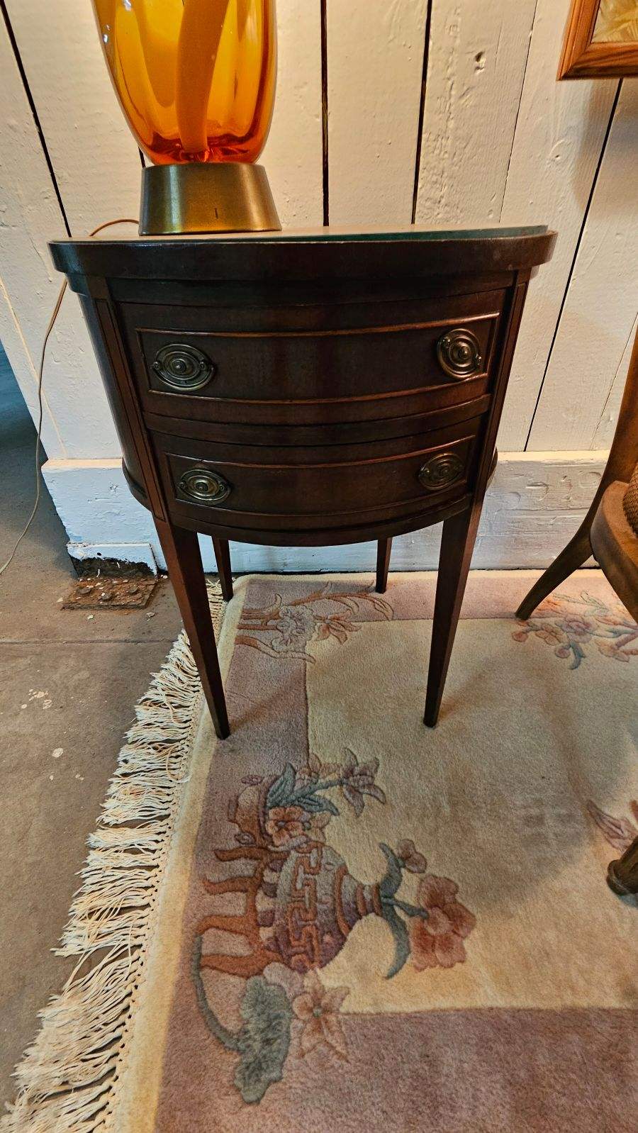 Round Glass Top Two-Drawer Vintage Table