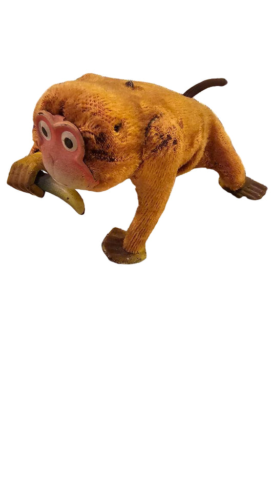 Mechanical Tin Monkey Toy – 1950s Wind-Up Walking Monkey with Banana