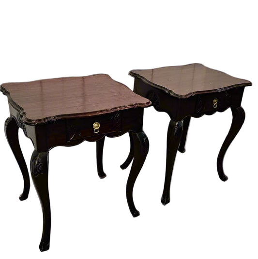 Accent Tables with Drawer – Pair of Scalloped-Top Wooden Side Tables