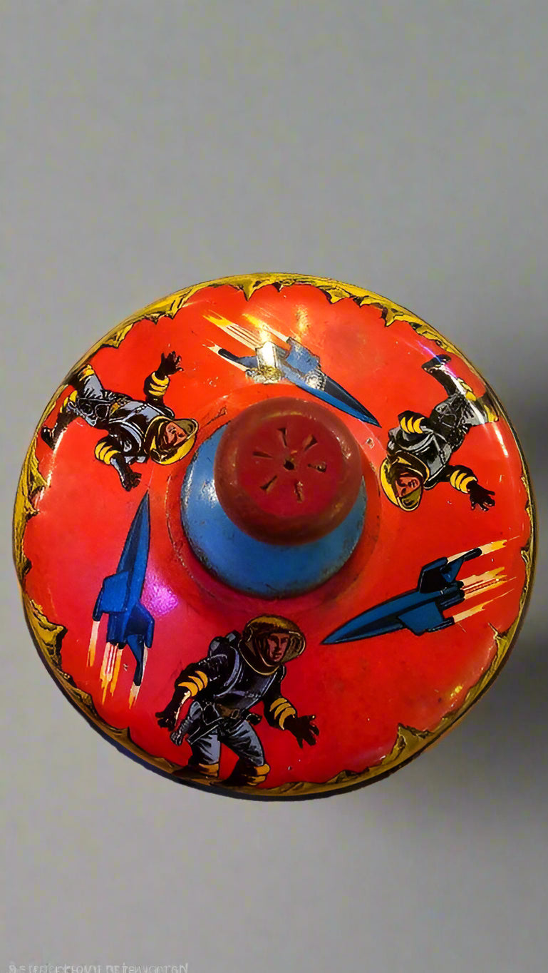Push-Spin Toy – 1950s Astronaut Space-Themed Tin and Plastic Collectible