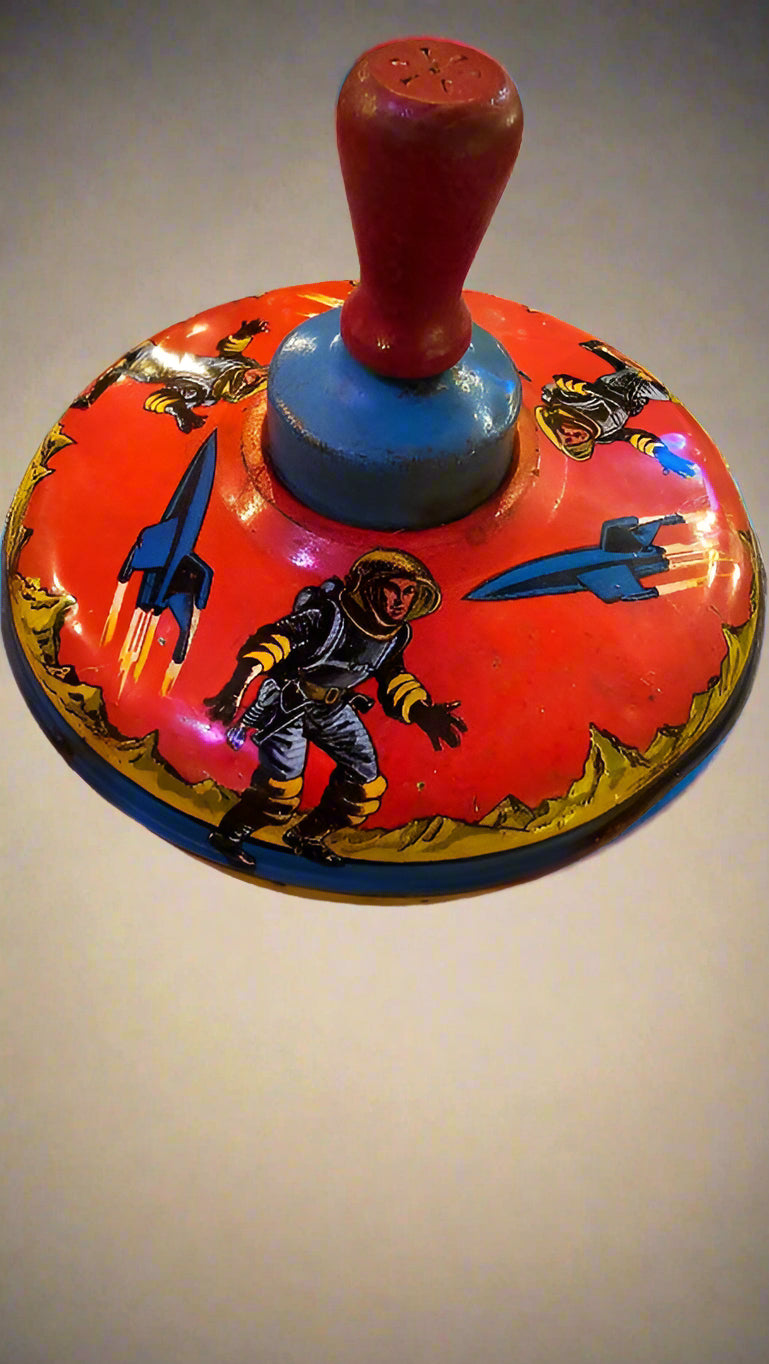 Push-Spin Toy – 1950s Astronaut Space-Themed Tin and Plastic Collectible