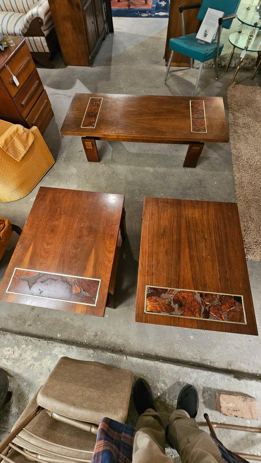 Coffee & End Table Set – 1960s Brutalist Burled Walnut Lane, Three-Piece
