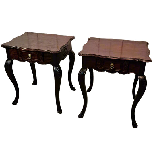 Accent Tables with Drawer – Pair of Scalloped-Top Wooden Side Tables